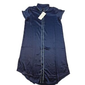 Wildfang The Empower Satin Shirt Dress Womens Medium Navy Blue WD8211 NWT